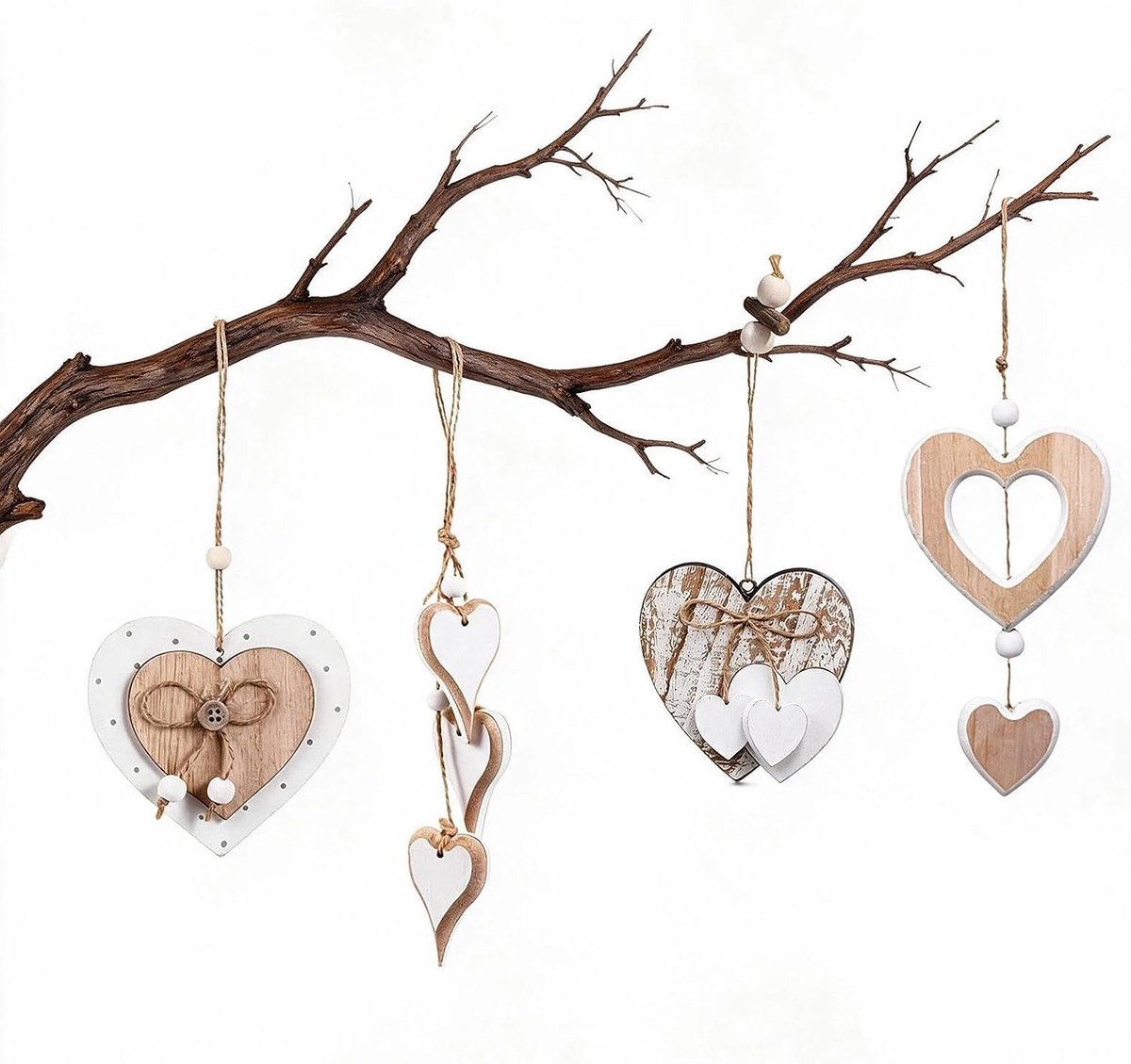 4 stuks houten raamdecoratie, hangend, hartvorm, houten hanger, decoratieve hart, natuurlijk wandbehang voor kamerdecoratie, bruiloftsdecoratie, woonkamer, slaapkamer, hal