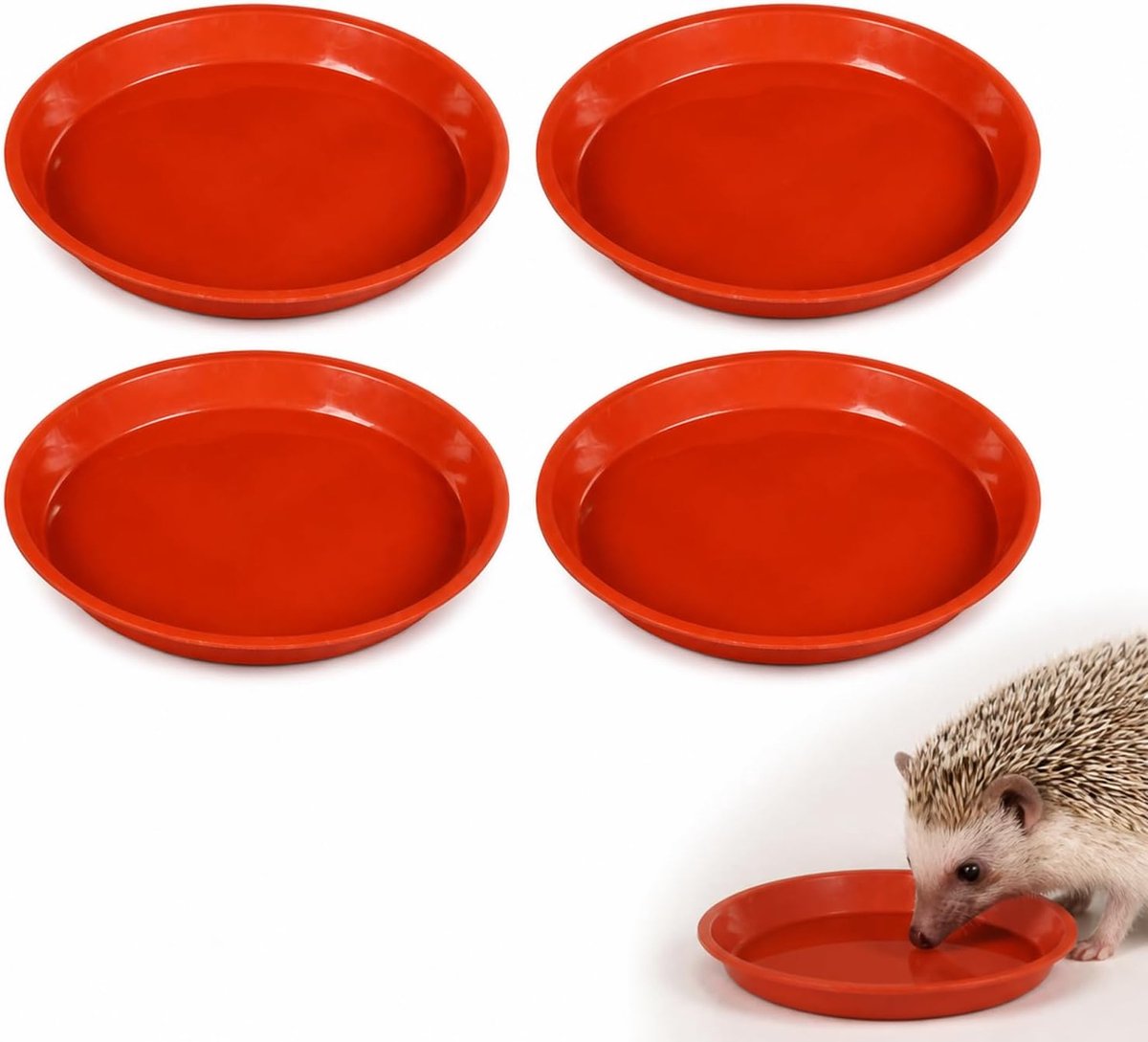 Set van 4, rode schaal voor water en levensmiddelen, platte kom voor kleine dieren zoals konijnen en hamsters, kom van robuust kunststof, ideaal als onderzetter voor planten