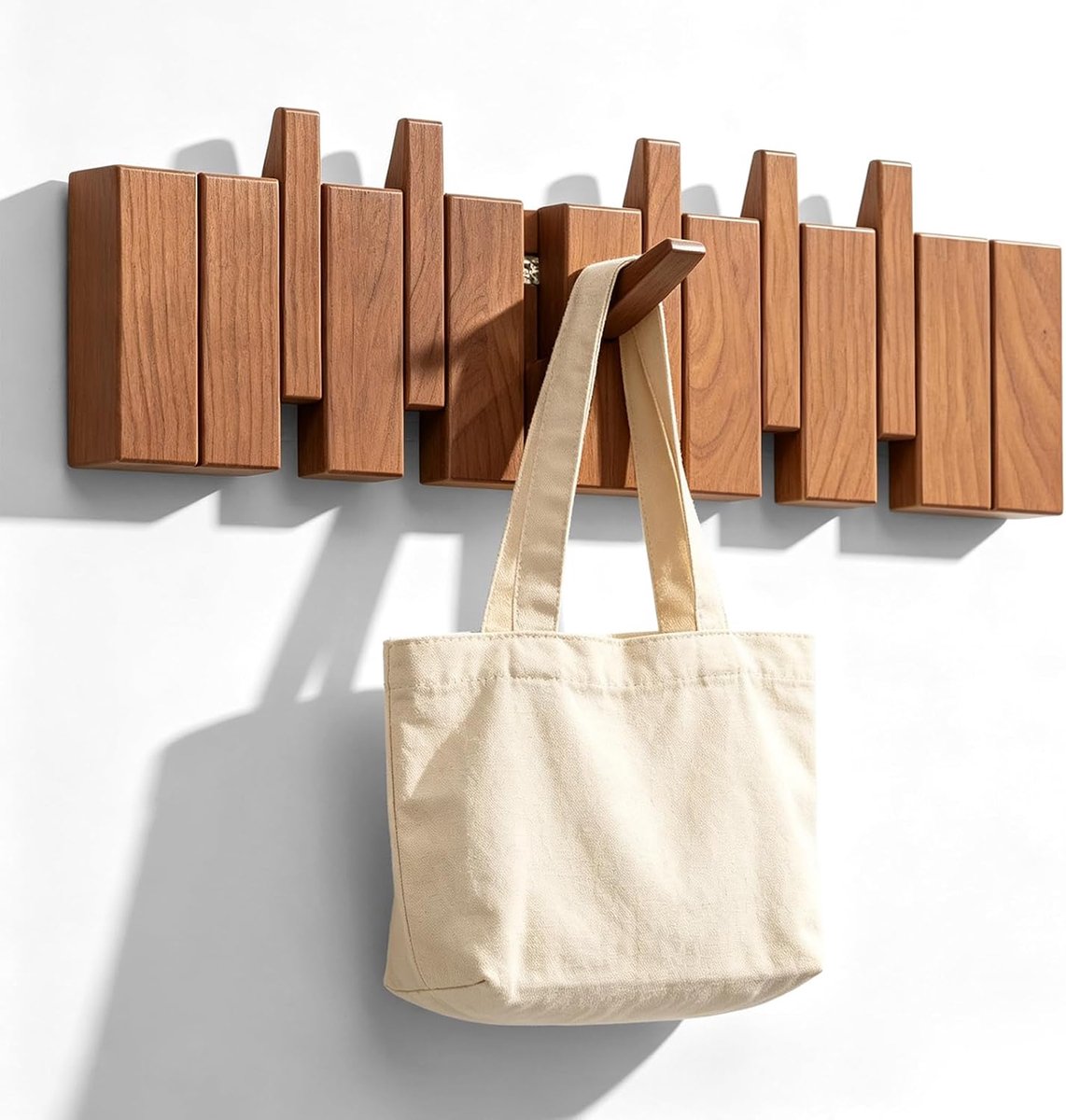 Kapstok in rustieke stijl met 6 haken, wandkapstok, inklapbare haken van hout, pianogarderobe voor jassen, tassen, mantels, wandmontage, magnetische voorspanning