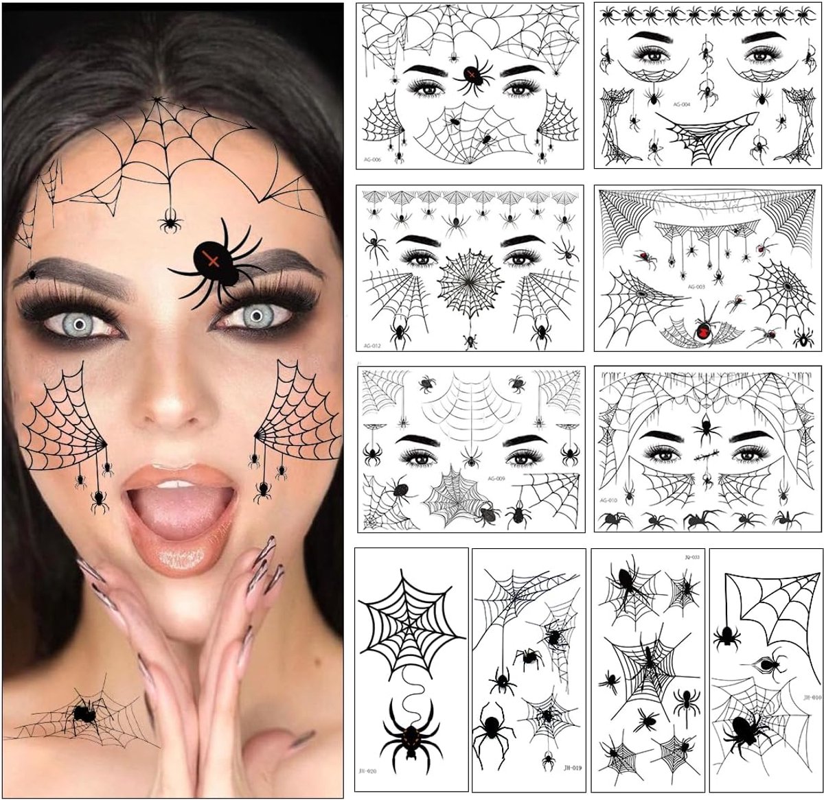 Tijdelijke tatoeages, Halloween spinnen tattoo, spinnenweb gezicht, tijdelijke tatoeages, Halloween-stickers, Halloween-decoraties voor kinderen