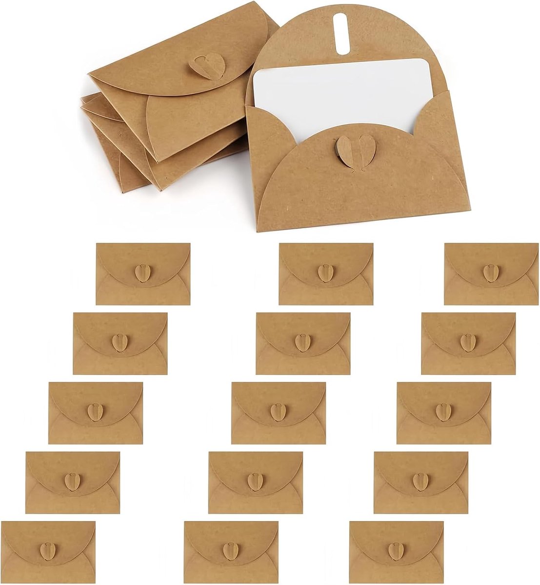 15 stuks Kraftpapieren enveloppen met 15 blanco papieren kaarten, mini brievenveloppen met hartsluiting voor cadeaukaarten, DIY bedankkaarten, uitnodigingen, verjaardagskaarten