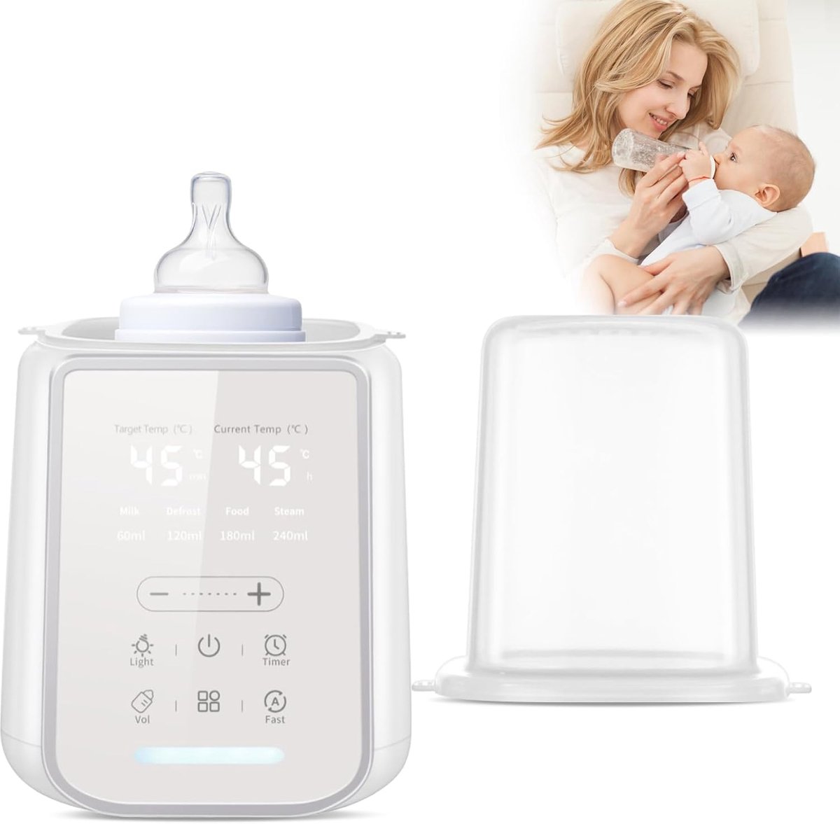 8-in-1 flessenwarmer, snelle melkopwarmer met digitaal display en timer, nachtlampje, sterilisatie en warmhoudend, compatibel met flessen, ideaal voor pasgeborenen