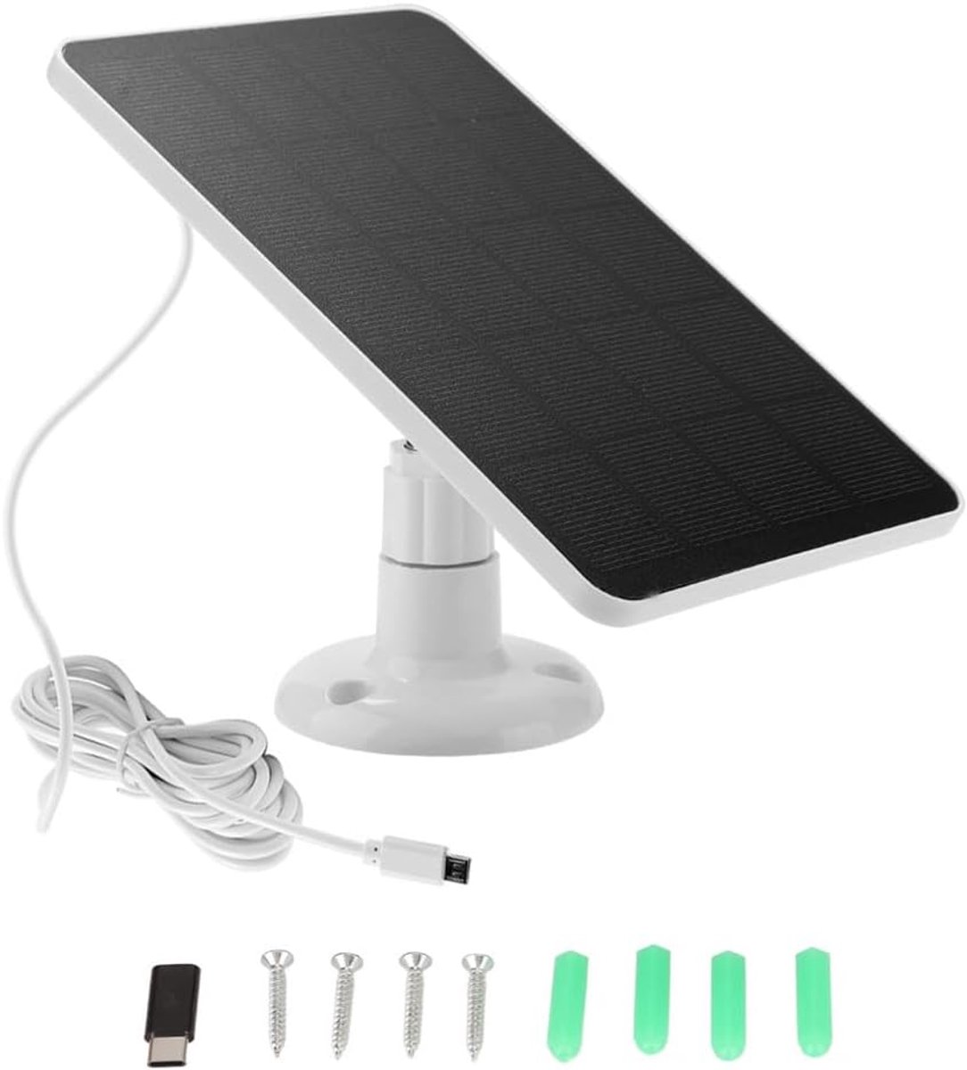 Zonnepaneel voor Beveiligingscamera, 5V 4W Micro USB & USB-C-poort Zonnepaneel voor Draadloze Buitenbeveiligingscamera, IP65 Waterdichte Zonnelader 360° Verstelbare Beugel (Wit)