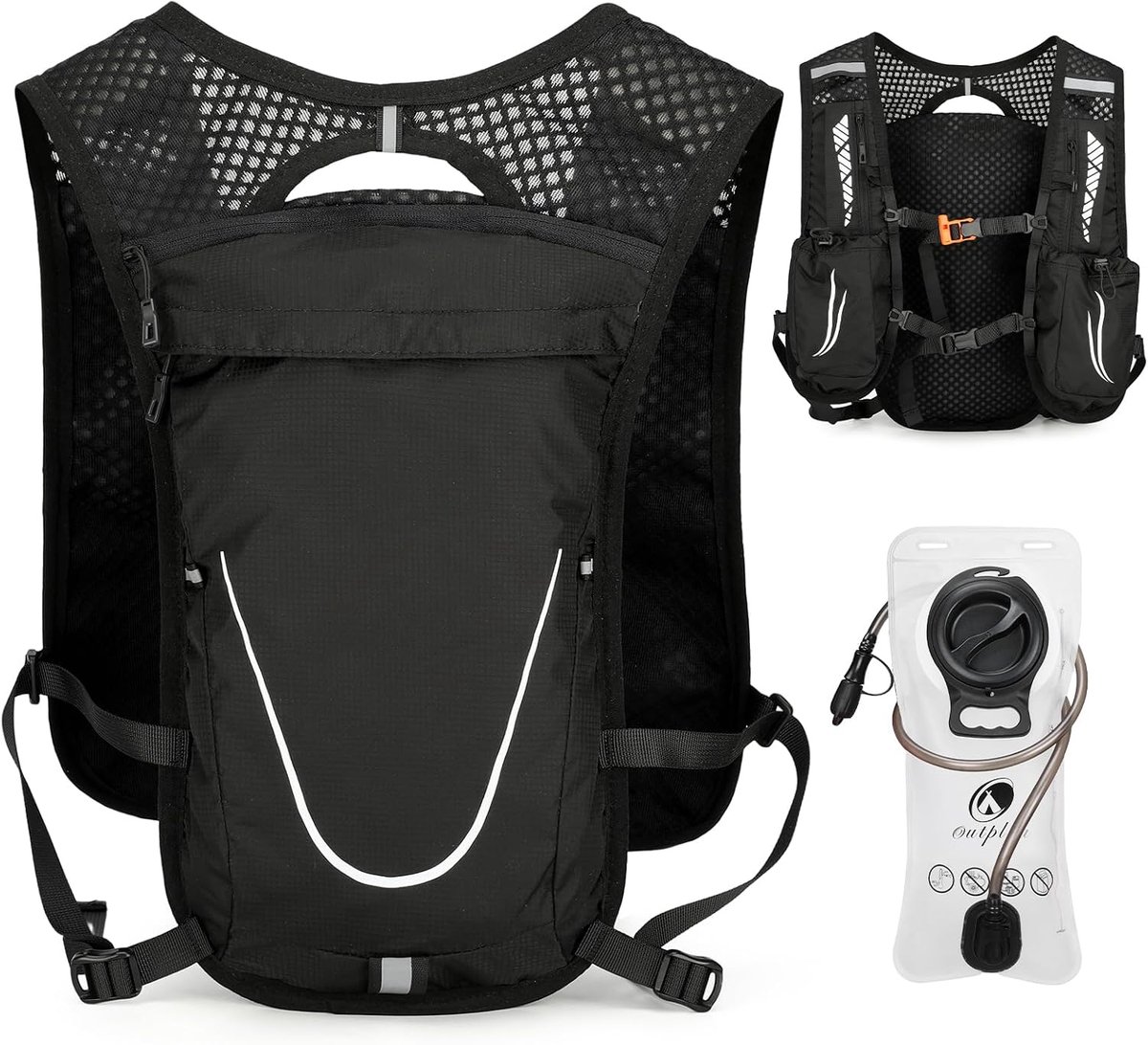 Hardloopvest met 2L waterzak, multipockets hydratatiepakket met telefoonhouder, hardlooprugzak voor heren en dames, voor fietsen, gym, marathon rave, zwart