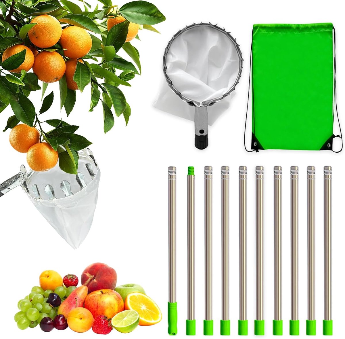 Fruitplukker met Telescopische Steel 4m, Appelplukker, Kersenplukker met Katoenen Zak, Fruitplukker voor Kersen, Fruitverzamelaar, Plukhulp voor Peren Citrus Sinaasappel Plukken Pruimenplukker