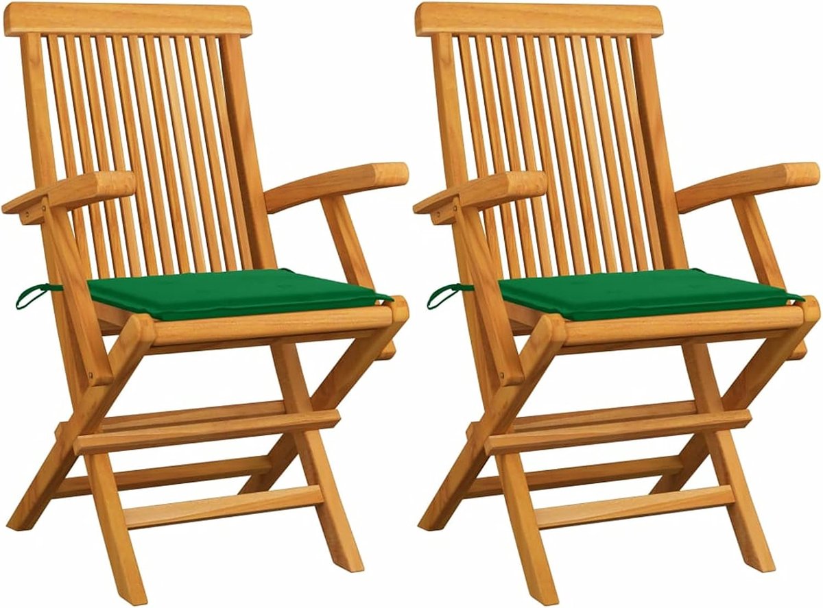 2 x tuinstoel met groene kussens, armleuningen, houten stoel, klapstoel, tuinstoelen, balkonstoel, terrasstoel, tuinmeubelen, massief hout, teak