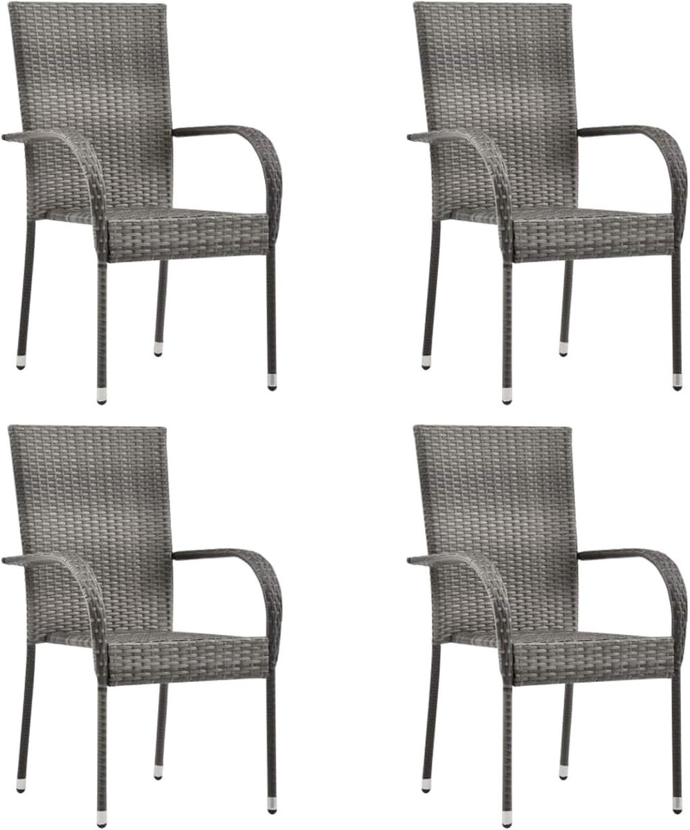 Set van 4 polyrotan tuinstoelen, stapelstoel, bistrostoel, balkonstoel, terrasstoel, grijs