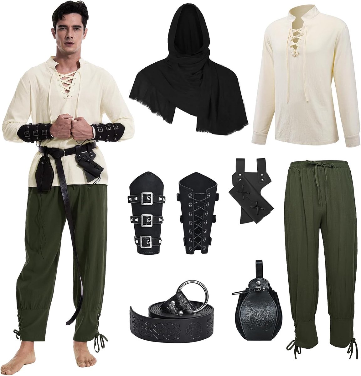 renaissance-kostuum voor heren, Viking-kostuum, veterhemd, herenbroek met accessoires, Halloween-kostuum voor cosplay, maskerade, tovenaar