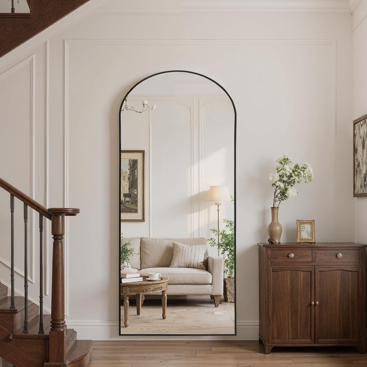 Volledige spiegel, 180 x 76 cm, gebogen staande spiegel met standaard, frame van aluminiumlegering, geschikt om te staan of tegen te leunen, voor slaapkamer en woonkamer, zwart