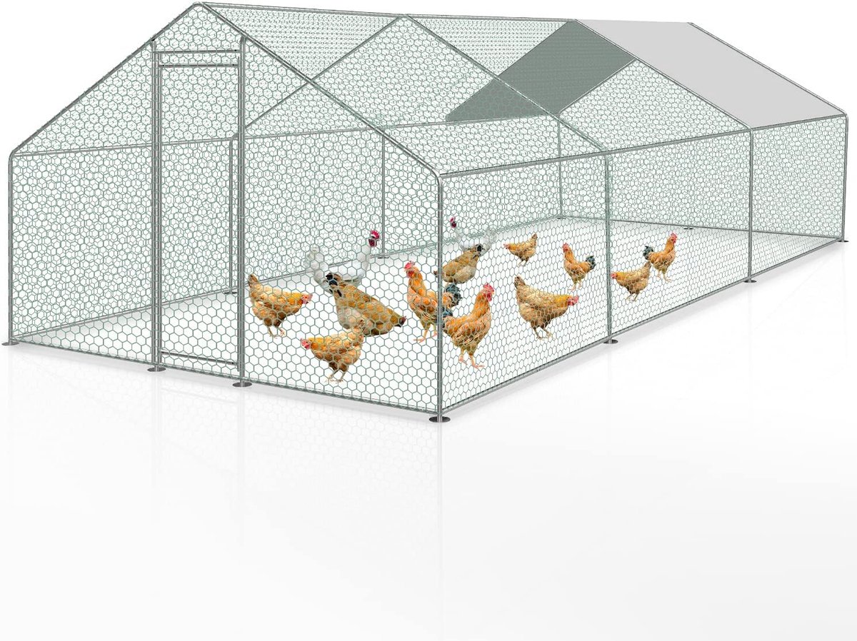 Kippenren met veiligheidsslot en waterdichte PE-kleurdoek, snel te reinigen, outdoor gevogeltehok veel ruimte voor kippen, konijnen en andere kleine dieren, 3 x 6 x 2 m
