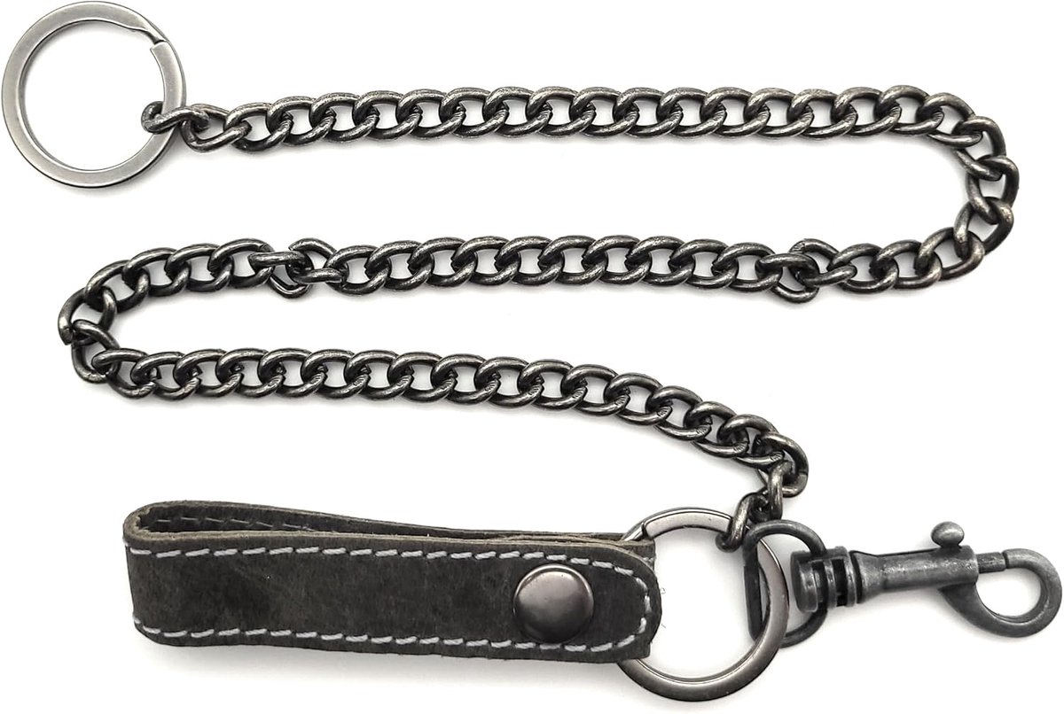 Metalen ketting kelnerketting ketting voor kelner portemonnee kelnerportemonnee bikerportemonnee met echt lederen lus, grijs, Eén maat, Casual
