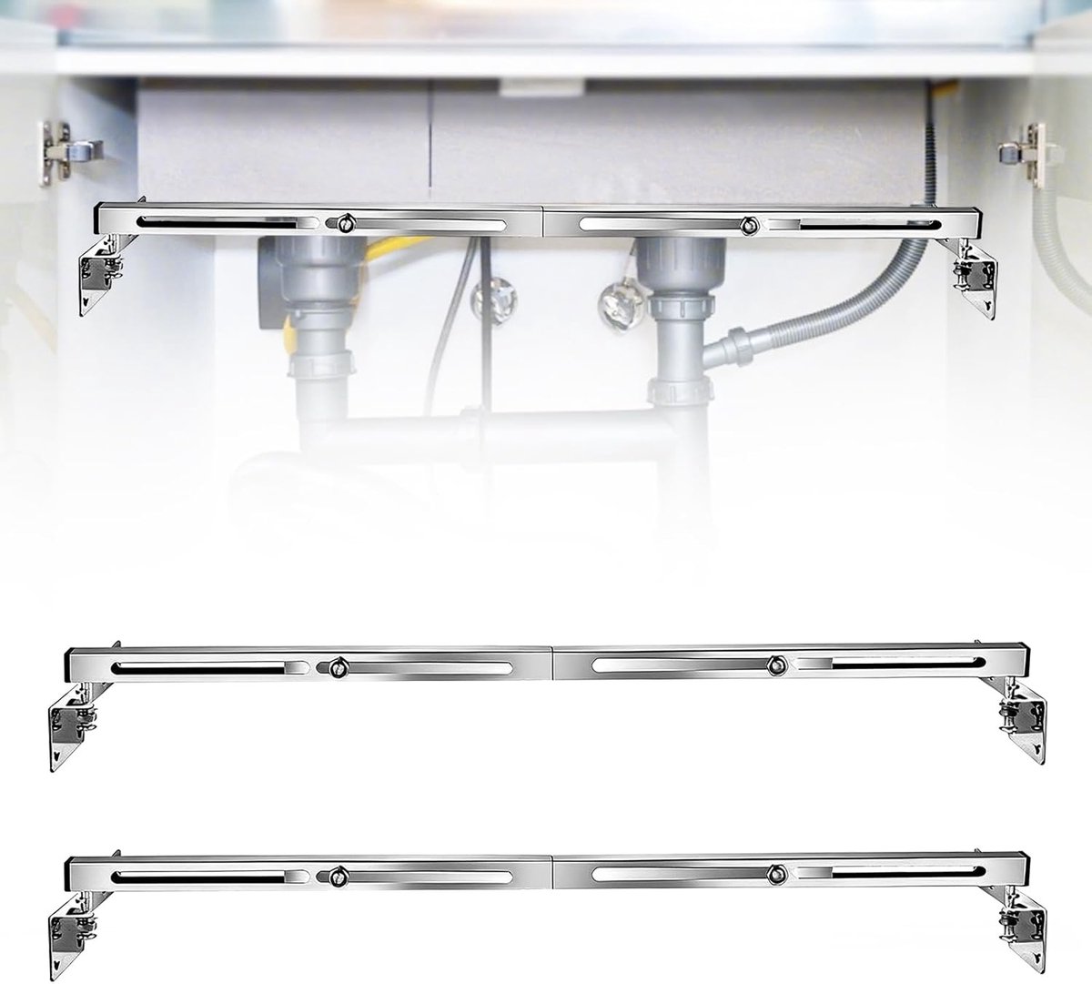 Set van 2 onderbouw wastafelhouders, telescopische stangen, keukenspoelbaksteun, effectieve gewichtsverplaatsing voor spoelbakken, geschikt voor zware inbouwwastafels in keuken en badkamer (51-80 cm)