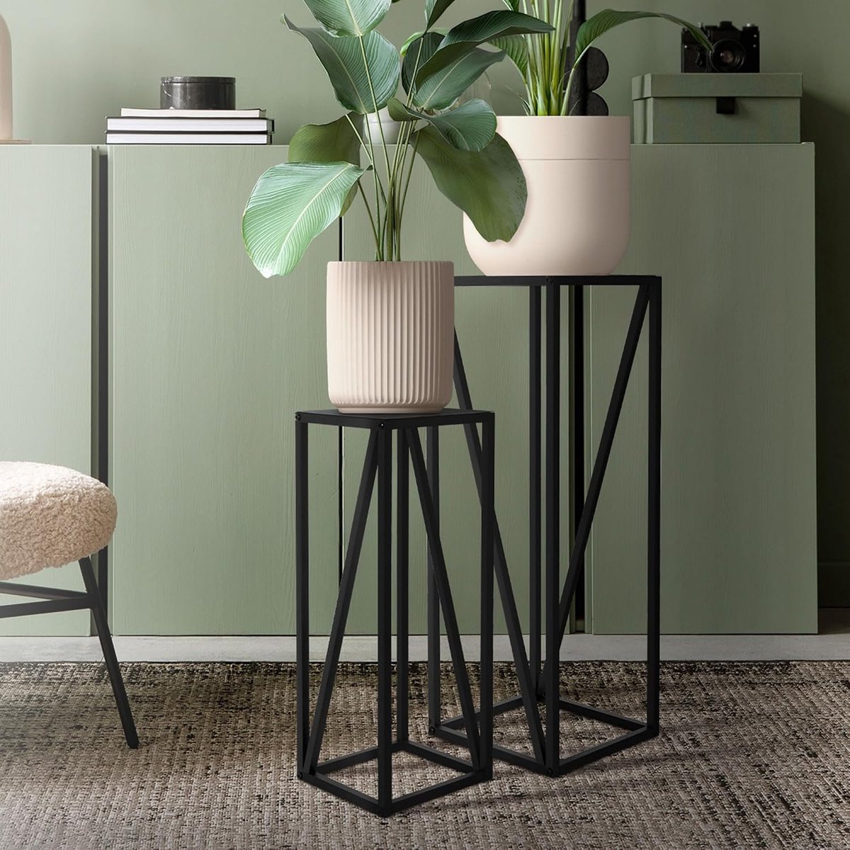 bloemenstandaard set van 2, zwart, 21,5x21,5x57,4 cm/26x26x73,5 cm, metalen frame plantenstandaard, bloempothouder 2-delig, bloempotstandaard hoog, bloemkruk plantenpot decoratieve tafelset