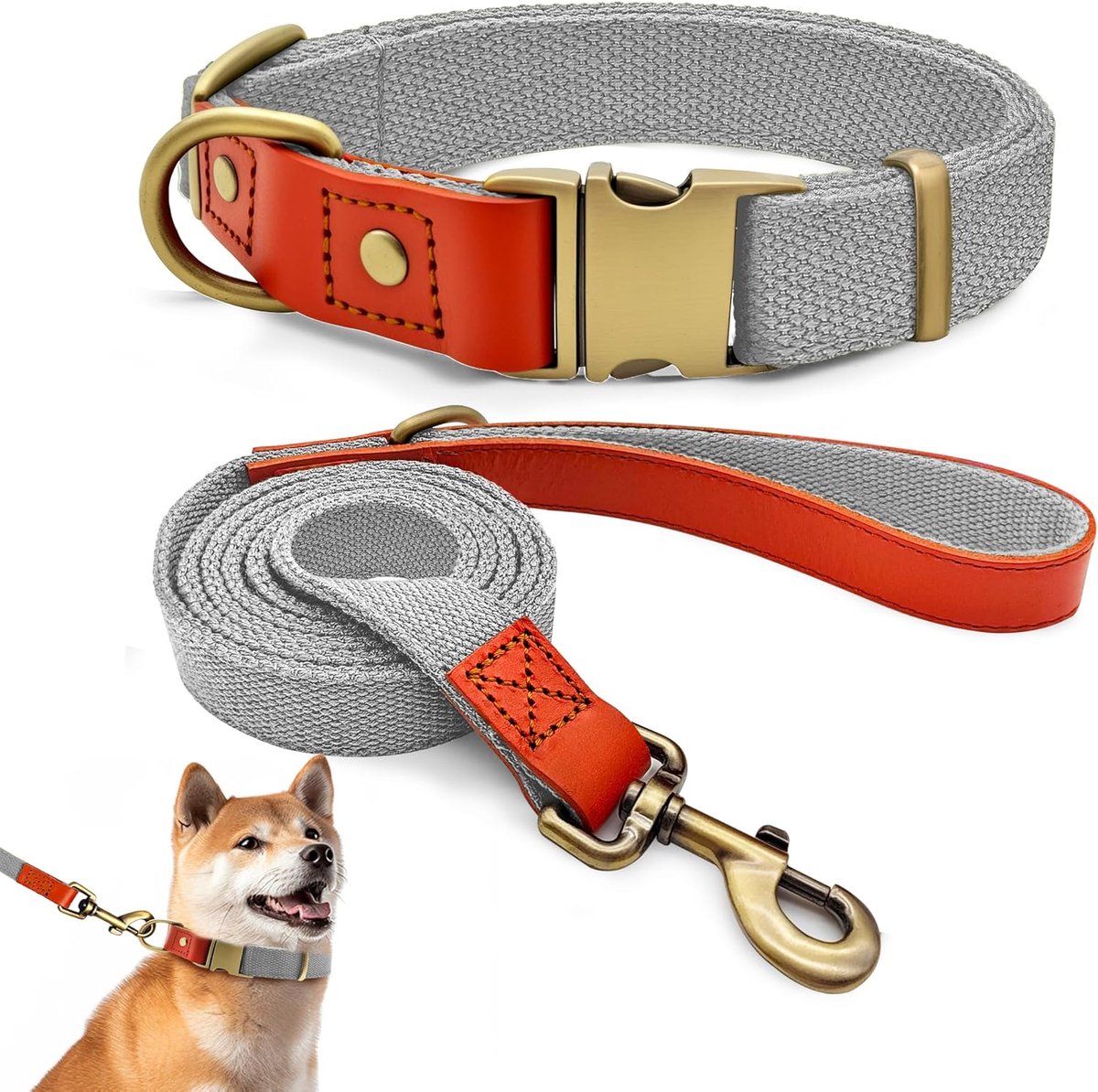 Hondenhalsband en Lijnset Verstelbare en Robuust Tactische Riem voor Middelgrote en Grote Honden, Zilvergrijs, L