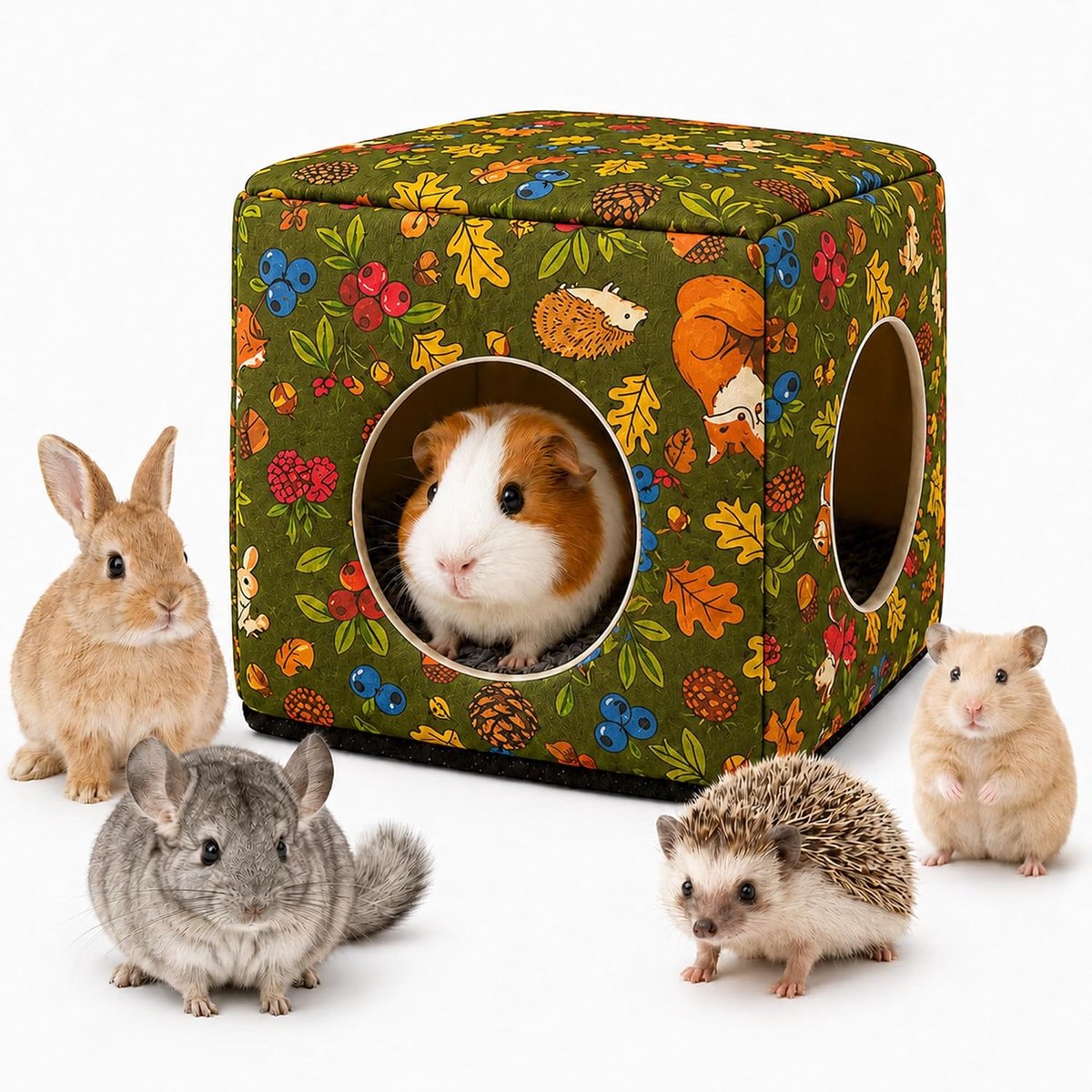 schuilplaats - semi-gesloten tent stijl klein dierenhuis met afneembare mat - groen bloemen wasbaar konijnbed & habitat decor voor cavia's, chinchilla's, ratten, dwergkonijnen