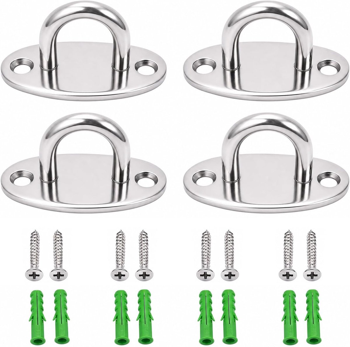 4 stuks plafondhaken, zware belasting, roestvrij staal, U-vorm, oogplaat, zilver, met schroeven, haken om te schroeven, voor hangmat, schommel, zonnezeil, planten, lamp, houten drager en