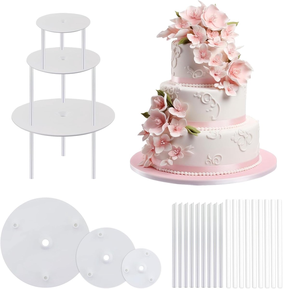 18 taartstokken met 3 scheidingsbladen, taartstandaard van kunststof, afstandhouders voor hangende taarten, 3 hoogtes (8,9/11,9/16 cm), bakaccessoires