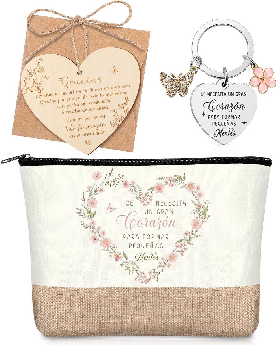 Cadeauset Voor Leerkrachten Toilettas Gegraveerde Sleutelhanger Met Kaart en Envelop Bedanktcadeau Voor Leerkrachten(Un gran corazón)
