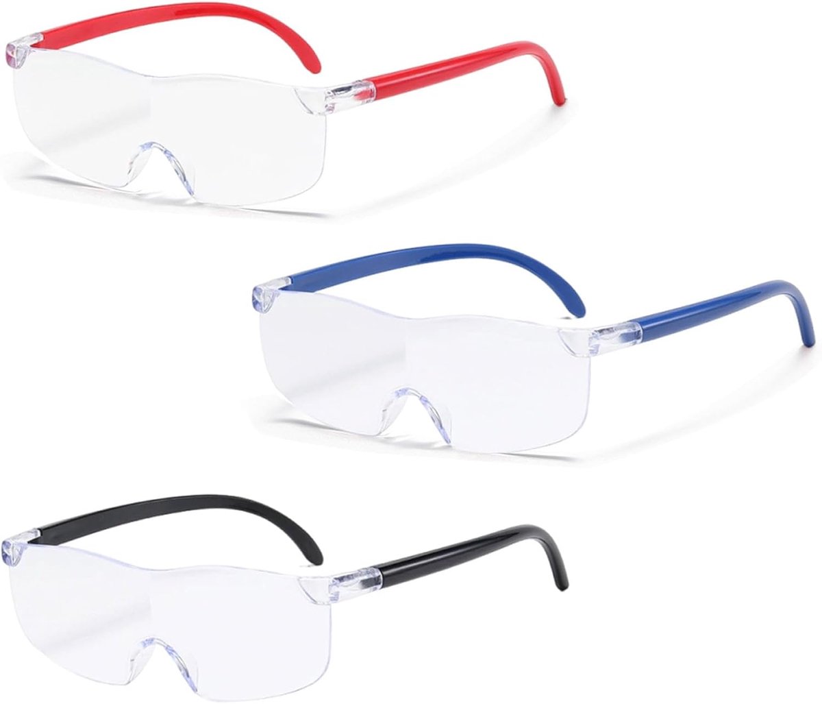 300% Vergrootbril - 3-delig (zwart/rood/blauw) | Anti-blauw licht, draagbaar voor lezen, dichtbij werken, borduren en vrije tijd | Handsfree comfort voor brildragers