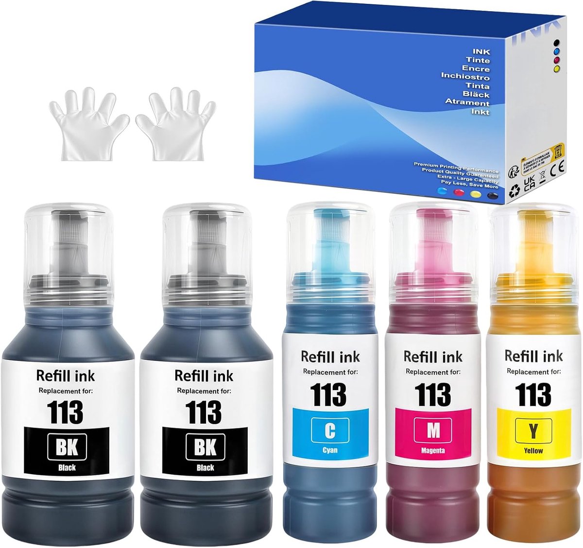 113 inkt compatibel met Epson E113 inktfles multipack voor ecotank ET-5150 ET-5170 ET-5850 ET-5800 ET-16600 ET-16150 ET-16650 ET-15000 ET-5100 ET-516 0 0 ET-5 880 (5-pack 2BK C M Y)