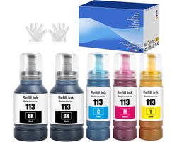113 inkt compatibel met Epson E113 inktfles multipack voor ecotank ET-5150 ET-5170 ET-5850 ET-5800 ET-16600 ET-16150 ET-16650 ET-15000 ET-5100 ET-516 0 0 ET-5 880 (5-pack 2BK C M Y)