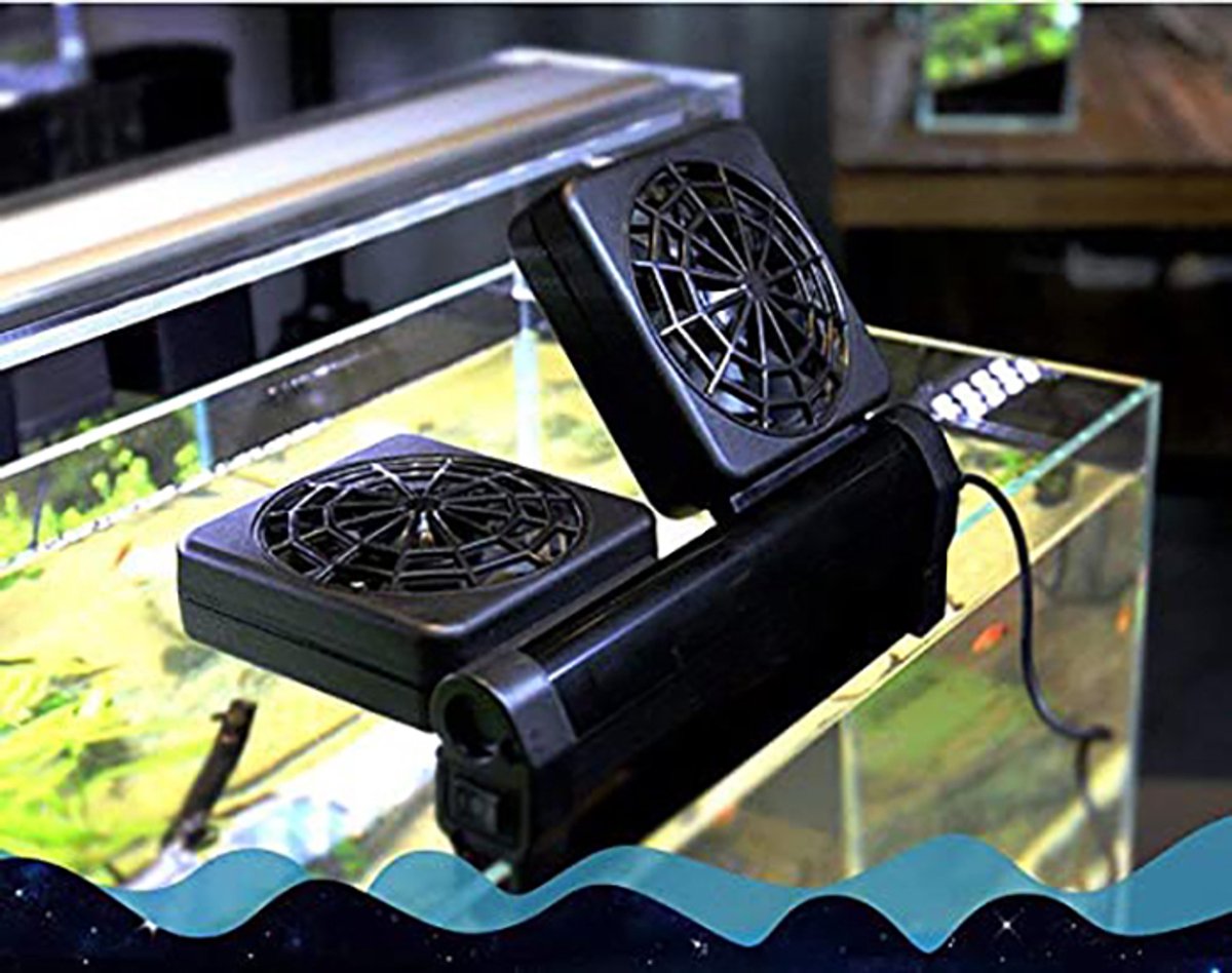 Mini aquarium koelventilator aquariumventilator voor vissenkom 2 ventilatoren zwart afmetingen 20,3 × 16 × 3 cm
