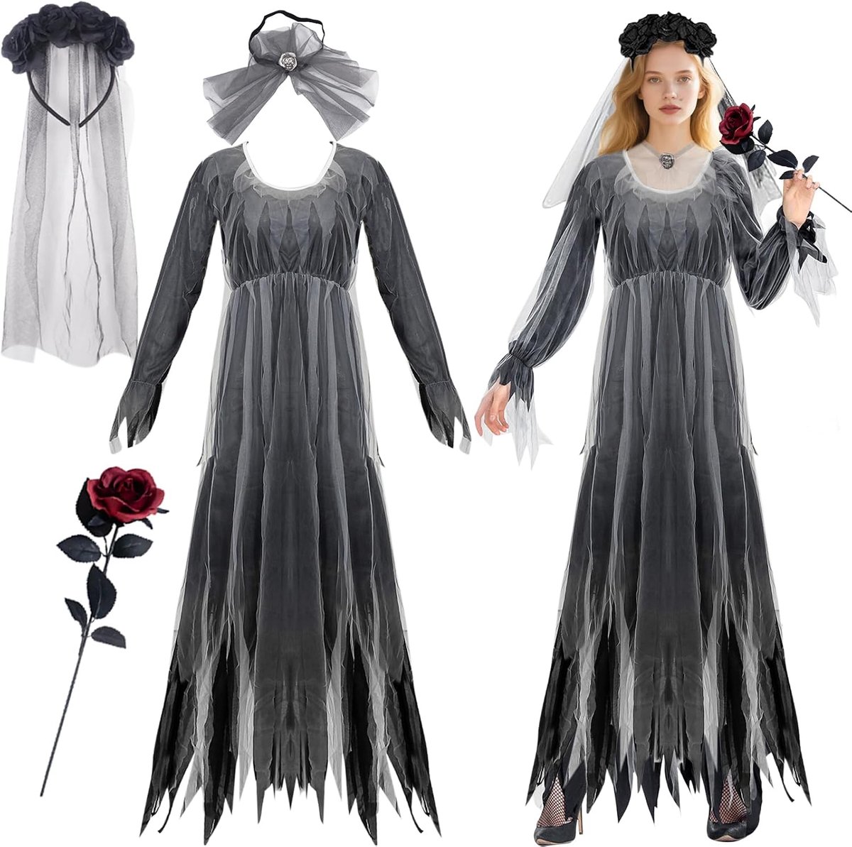 Halloweenkostuum voor dames, zombiebruid, spookbruid, kostuum voor dames, Halloween-kostuum, vampier, horrorbruid, Halloween, carnaval, kostuumfeest, verkleedfeest, cosplay voor volwassenen