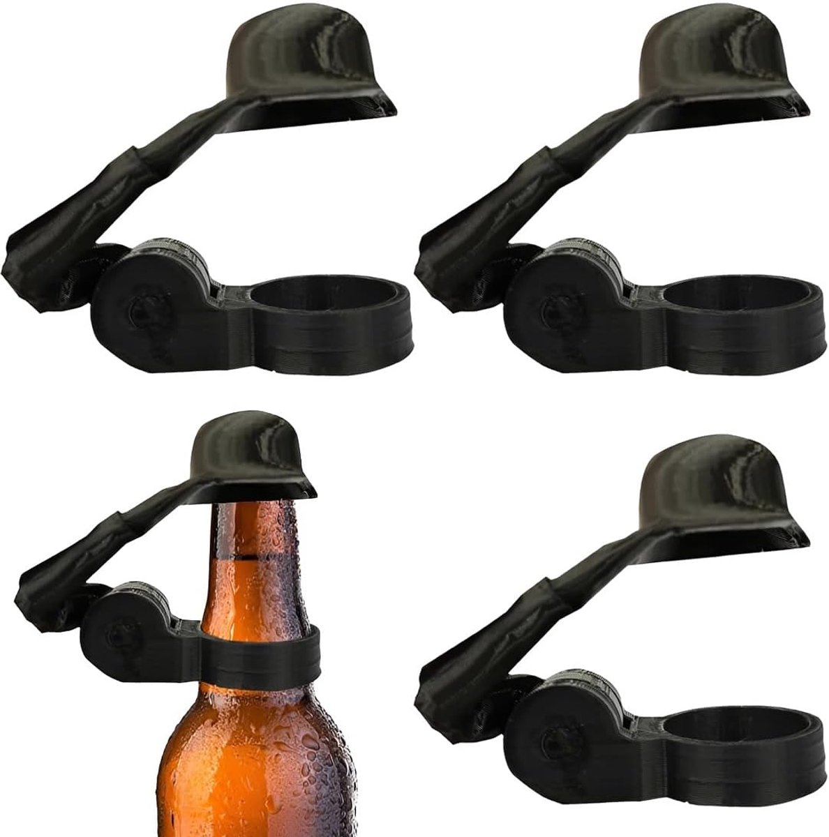 Set met 3 decoratieve bierflesssluitingen in 3D, soldaathelm van zwart PLA voor feestjes en originele geschenken, afmetingen 6,3 x 4,3 x 3,2 cm