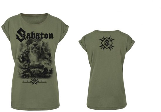 Kaki T-shirt met 'Sabaton Legends' print op de voorkant en logo op de achterkant.