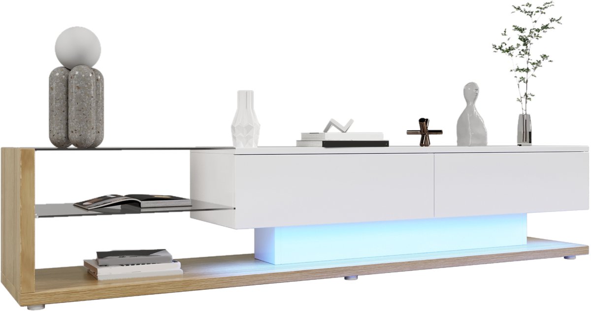 Hoogglans tv meubel met LED-verlichting - Voor woonkamer - 170 cm breed - Wit en houtlook - 2 lades en glazen legplanken - App-bestuurbare sfeerverlichting - Moderne landelijke stijl