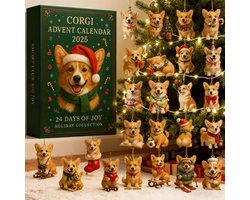 adventskalender 2026- 24 vakken - bruin wit rood groen - acryl materiaal - afmeting 27x19x4 cm - corgi kerst hangornamenten set - geschikt voor kerstfeest en kerstboom interieur decoratie voor thuis en gezin binnenshuis