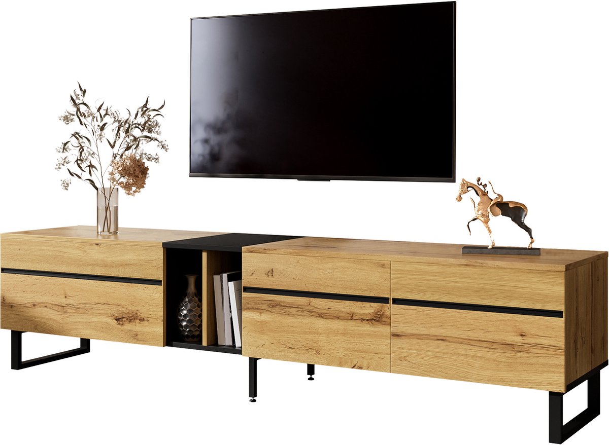 TV-lowboard Hout 180 cm - Klapvak met hydraulische demper - 2 deurkasten en open vak - Verstelbare poten - Draagvermogen 40 kg - Minimalistisch design voor woonkamer
