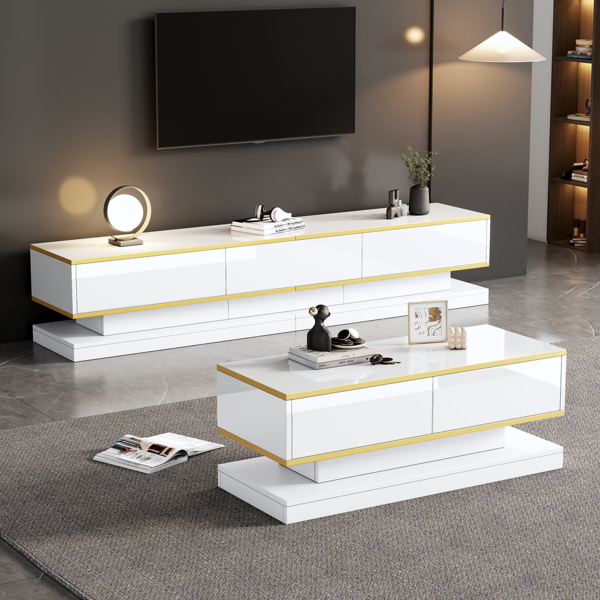 tv meubel en salontafel set Wit Hoogglans - 200 cm tv meubel en 100 cm salontafel - Goudkleurige randen - 5 lades met soft-close - Uniek trapezium design voor woonkamer
