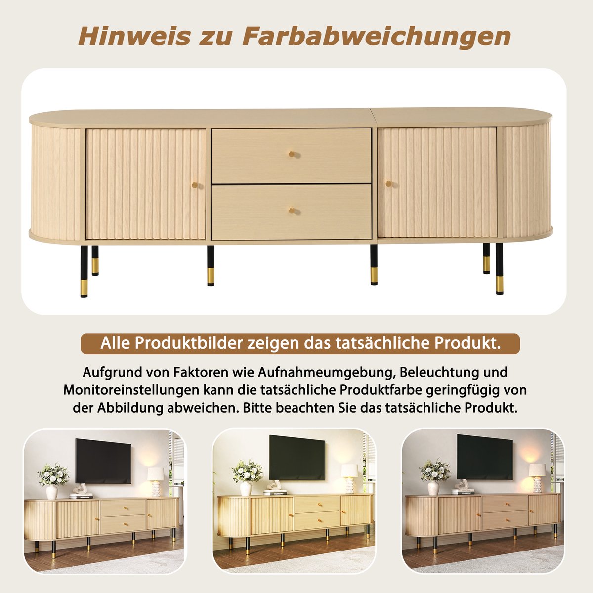 Zubaliya tv meubel Houtlook 180x40x58 cm - Ovaal ontwerp met 2 schuifdeuren en 2 lades - Verticaal gestreept front - Kabelmanagement - Geschikt voor 75 inch tv Natuurlijk