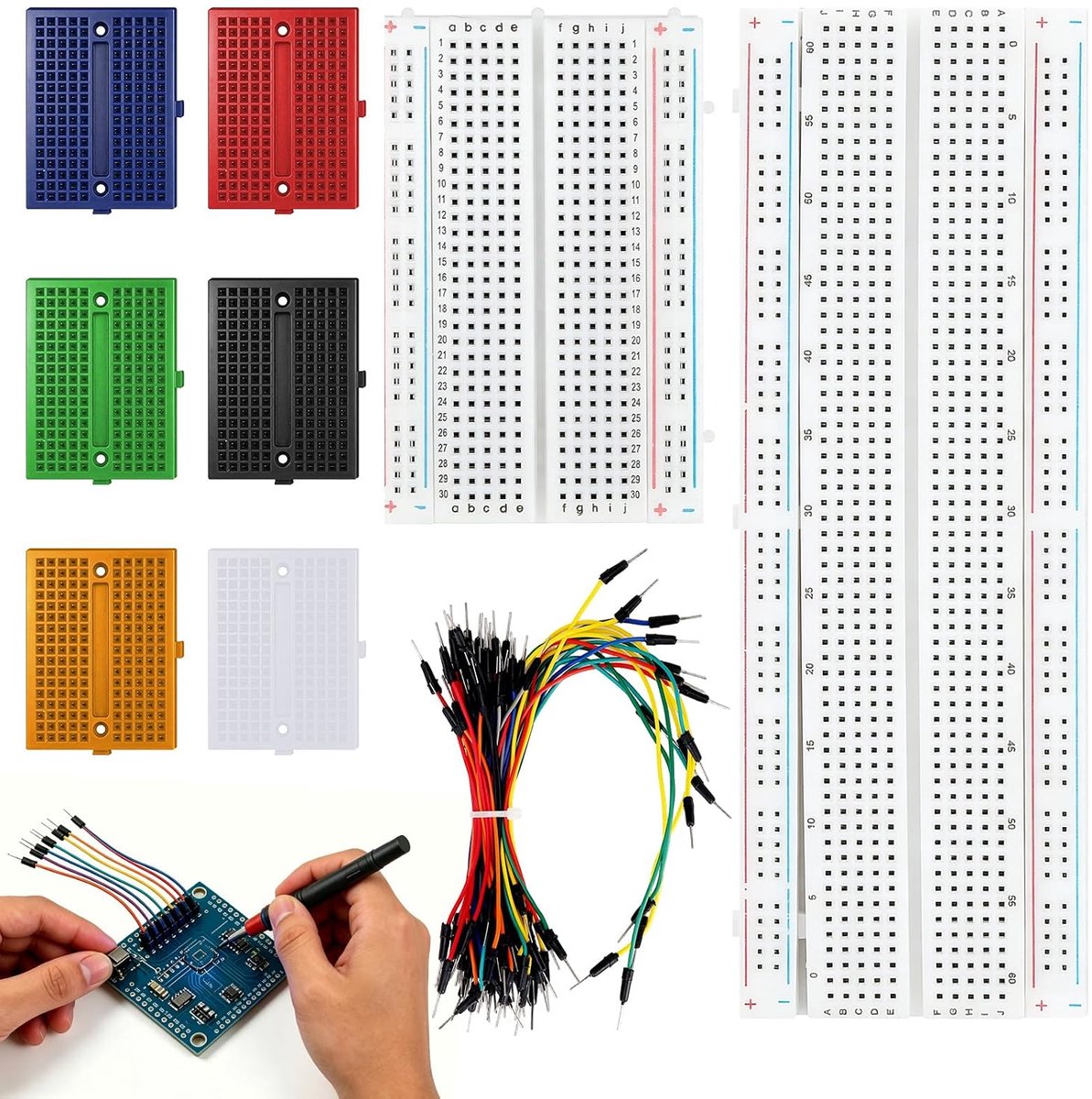 Breadboard-set,Elektronisch Breadboard met 830 Aansluitpunten en 400 Aansluitpunten,6 Kleuren,6 Stuks Mini-Breadboards en 65 Stuks Jumperdraden voor Arduino en Elektrische Verbindingen