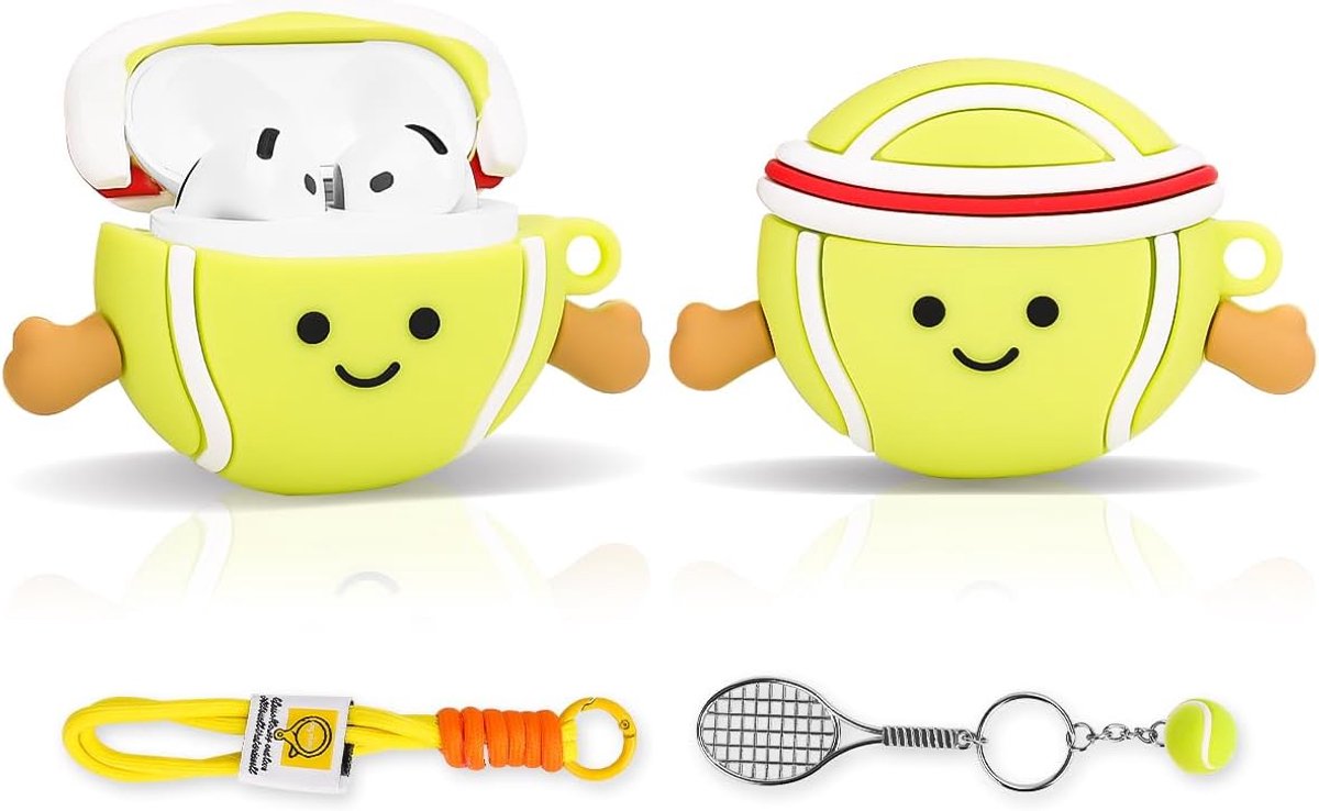 Compatibel met Apple Airpods 4 hoes Beschermende Grappige Leuke Cartoon Slim Cover met Sleutelhanger [Sport Serie] (Groen Tennis)
