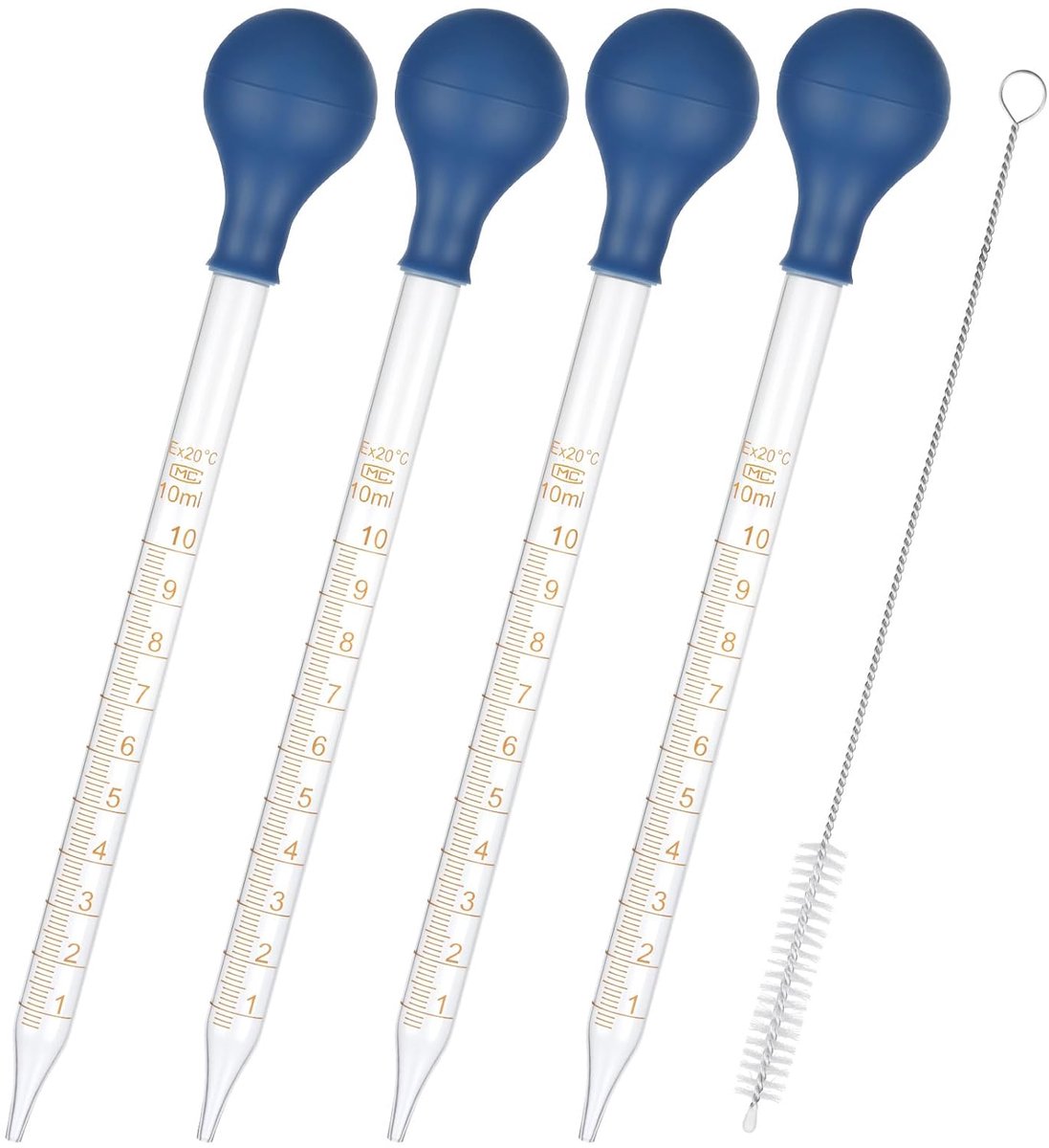 4 stuks glazen pipetten, 10 ml met PVC kogel en reinigingsborstel, meetpipet voor nauwkeurig mengen, glazen pipet druppelpipet met schaal, druppelpipet voor experiment, industrie, handwerk