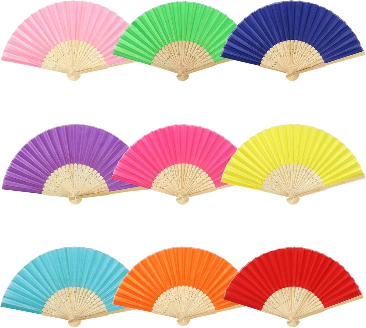9 stuks vouwwaaiers, handwaaiers, oosterse stoffen waaiers, vouwwaaiers voor wanddecoratie, handwaaiers van zijdestof en bamboeribben, Chinese waaiers (gemengde kleur)