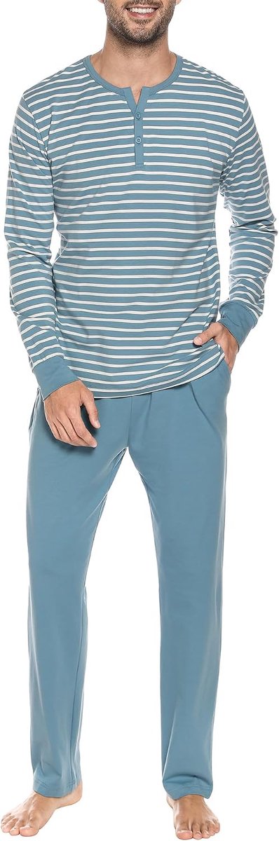pyjama voor heren, lange slaapkleding, katoenen pyjamaset, winternachtkleding, lange mouwen, met knoopsluiting, V-hals en strependesign
