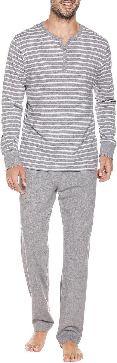 pyjama voor heren, lange slaapkleding, katoenen pyjamaset, winternachtkleding, lange mouwen, met knoopsluiting, V-hals en strependesign