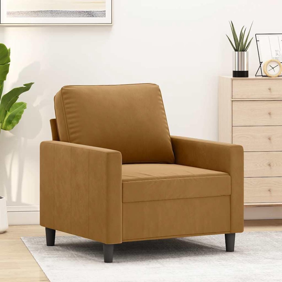 Bruin 60 cm fluweel, zachte velours stof stoel met metalen frame, comfortabele bekleding voor woonkamer, leeshoek en ontspanning, modern design