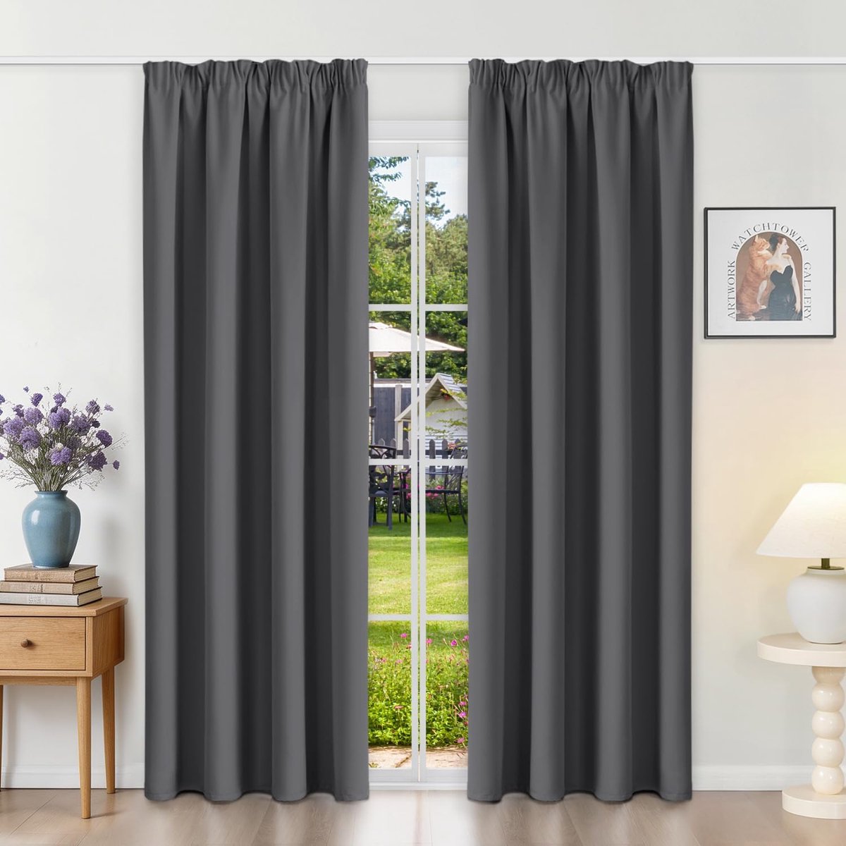 Gordijnen met plooiband, thermische gordijnen, koudebescherming, ondoorzichtig, 230 x 120 cm (h x b), donkergrijs, set van 2 verduisteringsgordijnen voor railsysteem, schuifgordijnen voor