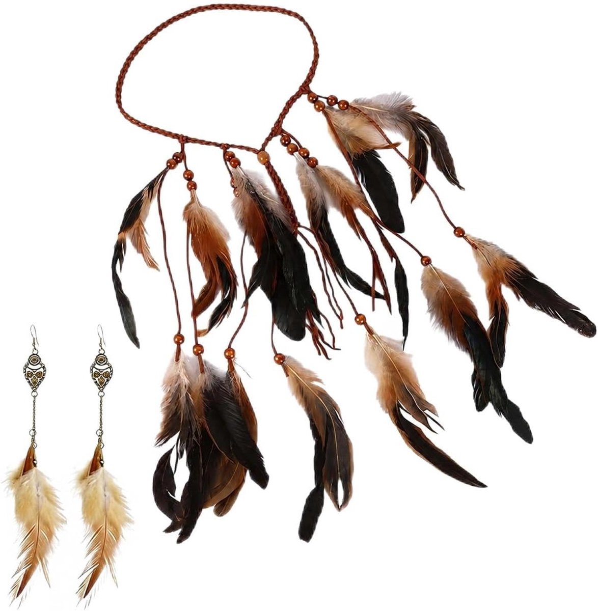 Veren Hoofdband met Oorbellen Set Lange Veren 35 cm voor Themafeest, Festival, Bruiloft, Carnaval en Kostuum Accessoire