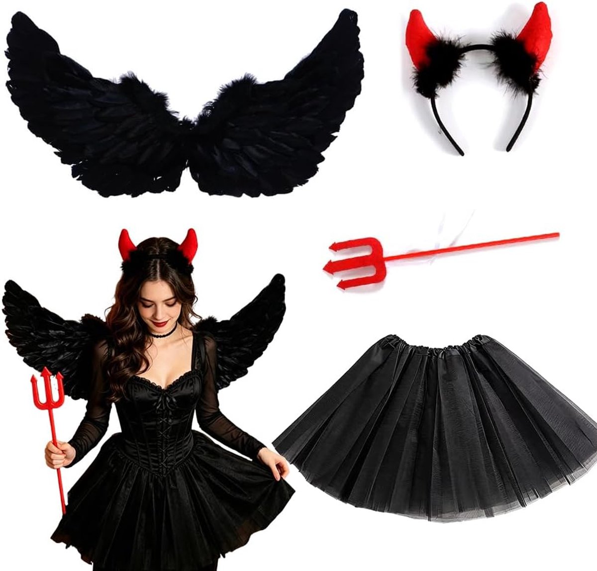 Kostuum, Halloween Kostuums Accessoire Sets met Engelenvleugels Tutu Rok Feeën Toverstaf Halo Duivel Vermomming Engelenvleugels Cosplay Kostuums Accessoires voor Feest Carnaval Halloween
