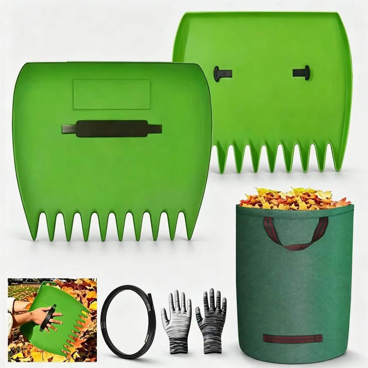 Bladgrijper voor handen met tuinzak en handschoenen, bladklauwen 33 x 24 cm, ergonomische bladopvanger, bladschep voor de hand bladverzamelaar voor het reinigen van gazon, erf en tuinafval