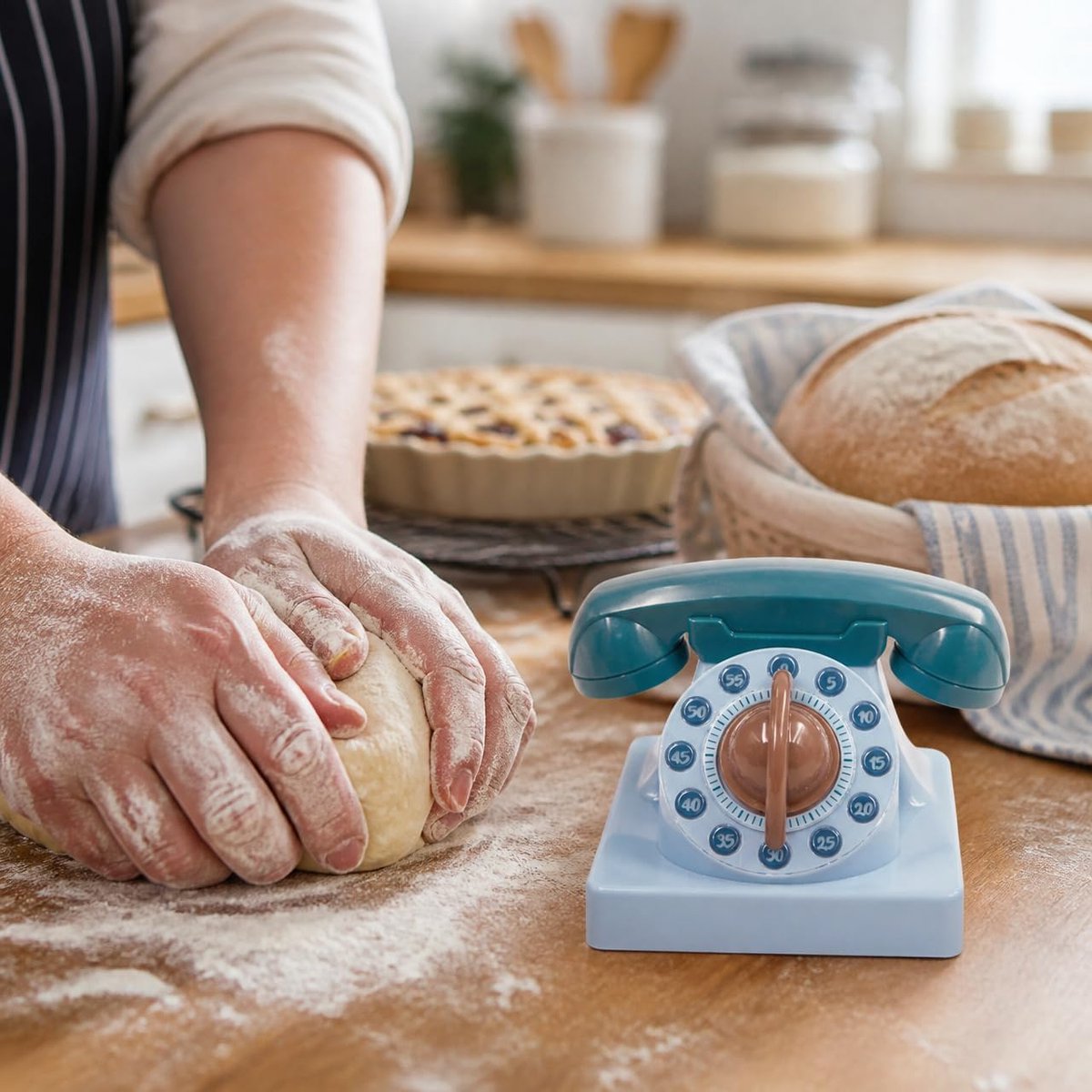 telefoon, mechanische timer, 60 minuten, timer voor keuken, leren, geen batterij, stille werking, vintage blauw design