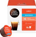 Nescafé Dolce Gusto Lungo Decaffeinato cup naast een glazen kopje lungo met een rijke cremalaag.