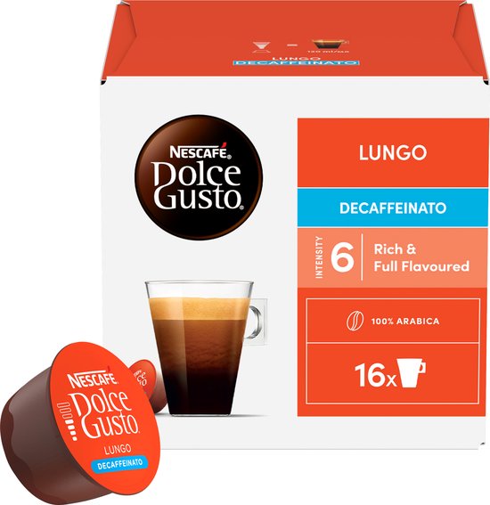 Nescafé Dolce Gusto Lungo Decaffeinato cup naast een glazen kopje lungo met een rijke cremalaag.