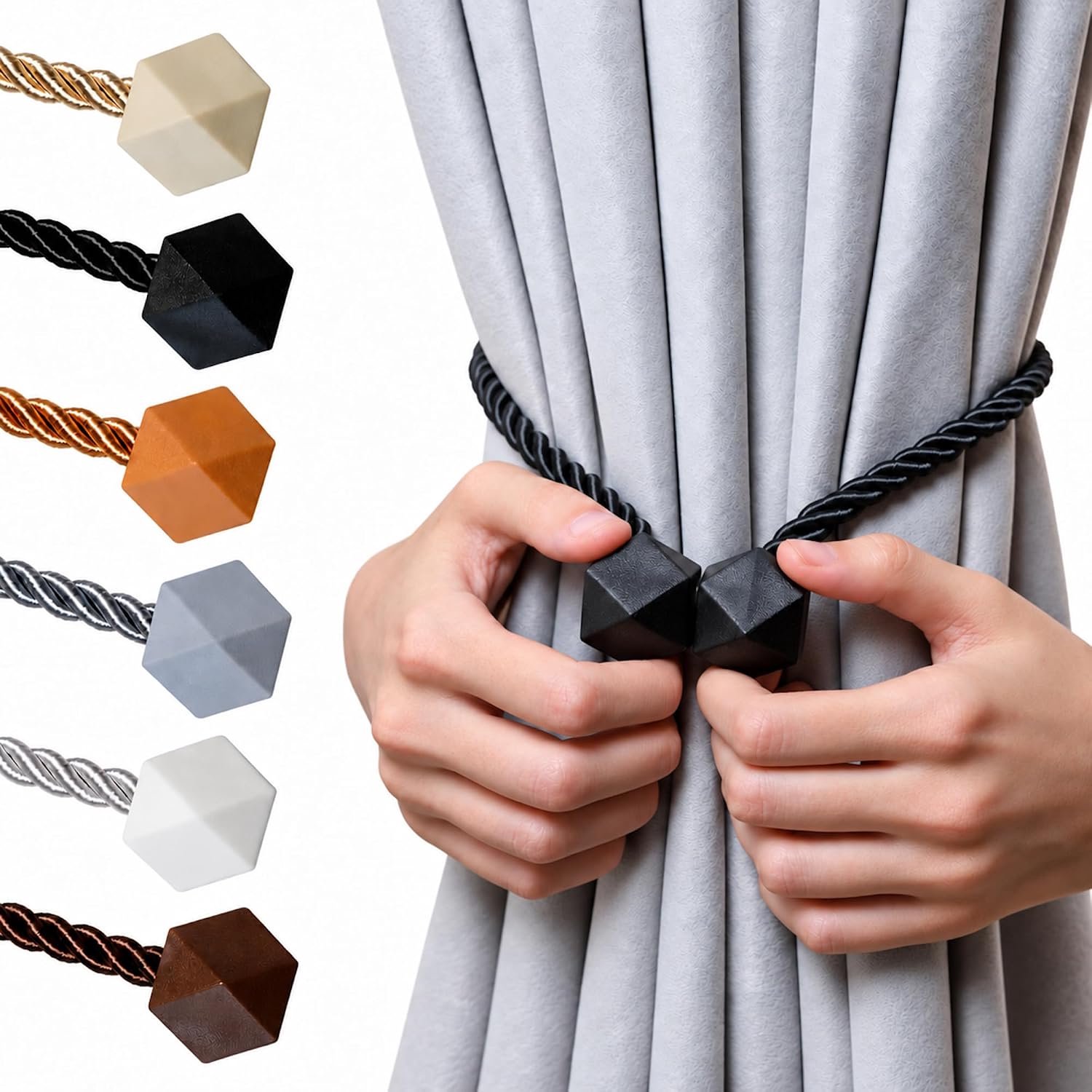 Magnetische gordijnhouders (set van 2) — Kubusvormige magneetsluiting — Magnetische gordijnclip — Minimalistische gordijnhouder – Grijs
