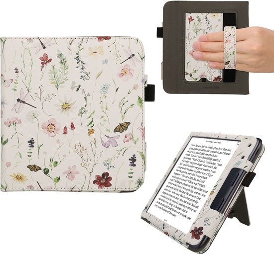 kwmobile e-reader hoesje geschikt voor Kobo Libra Colour hoes - E reader flip case van kunstleer - Ereader cover met stand - Daisy-varens design in wit / geel / groen — afbeelding 5